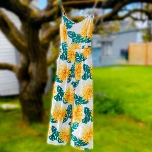 Zara Printed Floral Jumpsuit Tropical Leaf Flowy Boho Romper Wide Leg Jumper XS